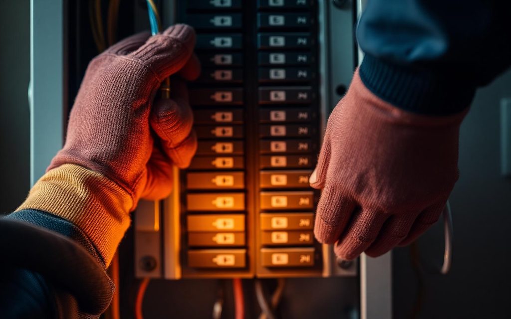 Close-up of a Providence electrician's gloved hands wiring a residential circuit breaker panel