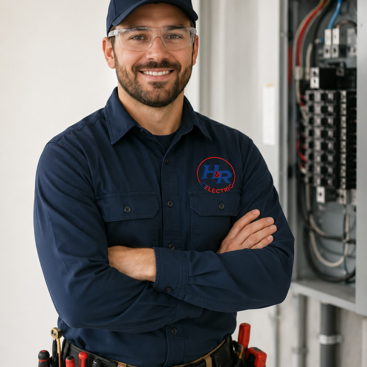 Licensed H & R electrician in a company polo and hard hat inspecting the interior of an open residential breaker panel with a voltage tester in a Providence, Rhode Island home