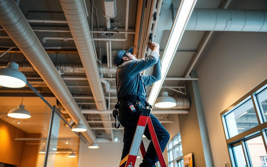 Commercial electrician installing modern LED track lighting in a Providence retail storefront
